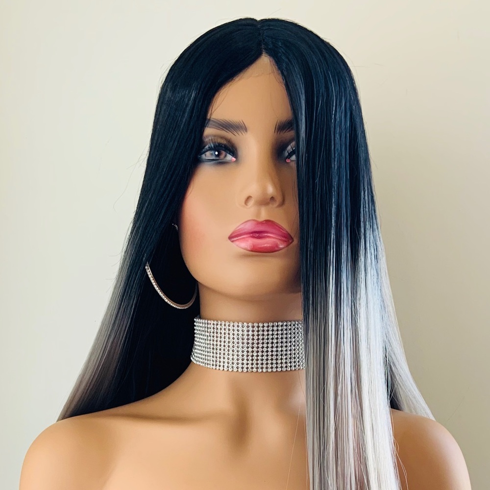 Very Pretty Long Straight Ombre Grey Oval Part Lace Front Wig